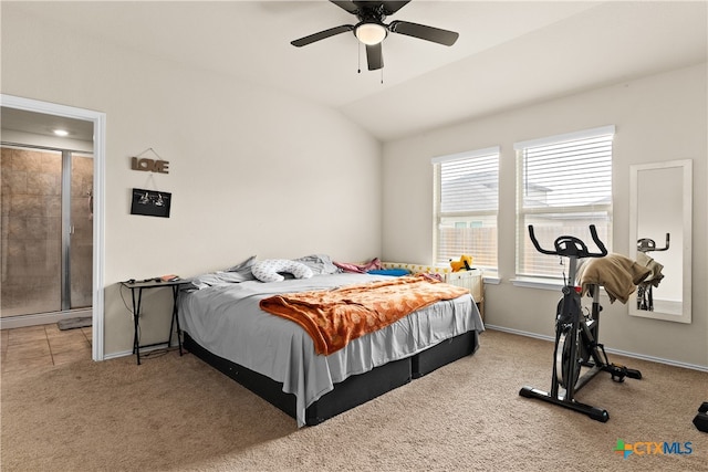 carpeted bedroom with lofted ceiling and ceiling fan