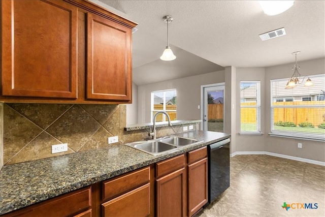 kitchen with black dishwasher, a sink, decorative light fixtures, and decorative backsplash