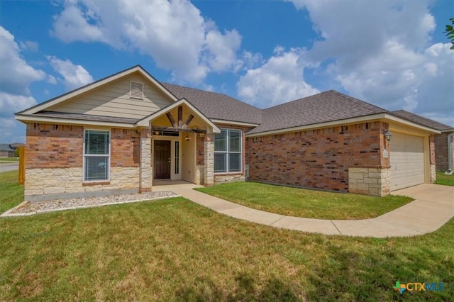 view of front of property featuring an attached garage, brick siding, concrete driveway, stone siding, and a front lawn