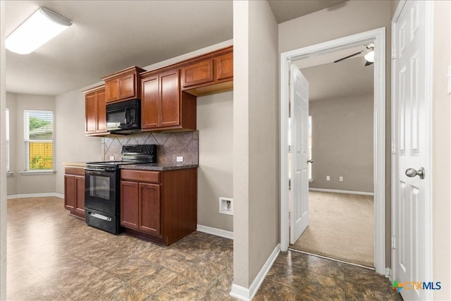 kitchen featuring black appliances, dark countertops, brown cabinets, and decorative backsplash