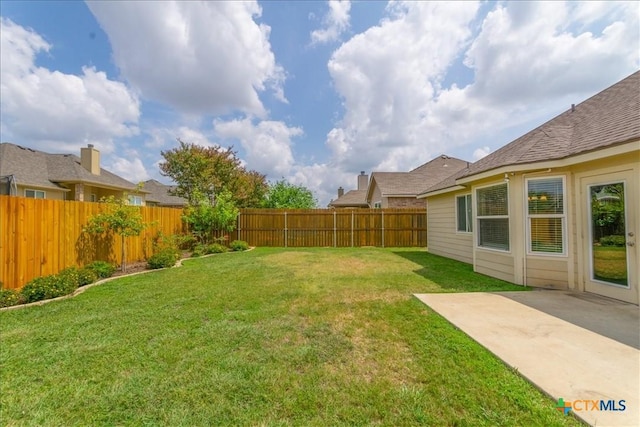 view of yard with a fenced backyard and a patio