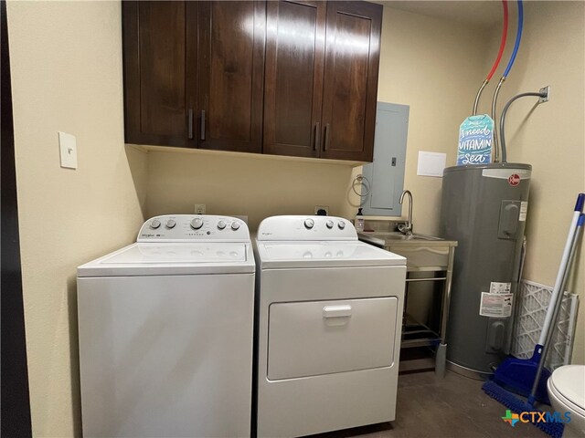 laundry room with water heater and washing machine and dryer