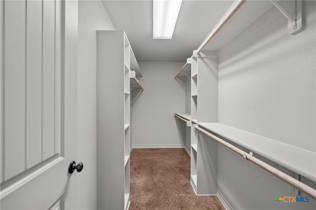 walk in closet featuring dark carpet