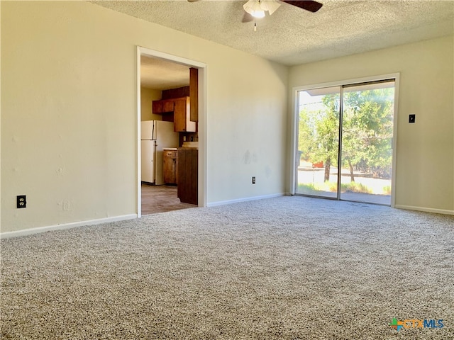 spare room featuring carpet, ceiling fan, and a textured ceiling