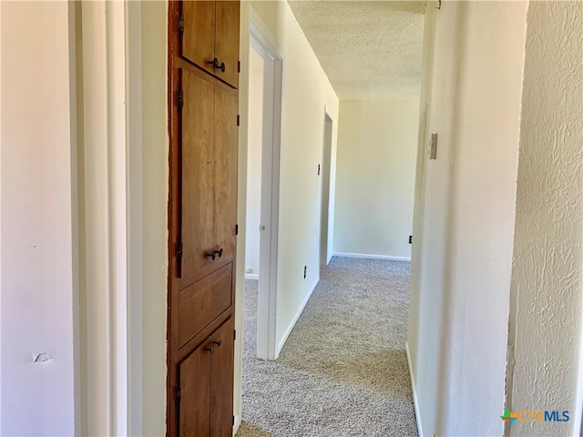 hall with light colored carpet and a textured ceiling