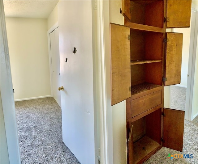 hallway featuring carpet floors and a textured ceiling