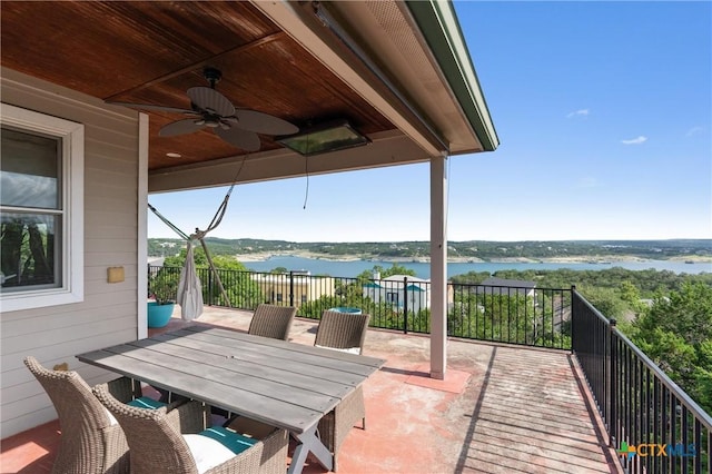18917 Peckham Dr, Lago Vista, TX 78645 - view of patio / terrace with a ceiling fan, a water view, and outdoor dining space