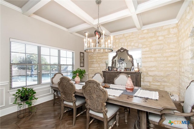 dining room with coffered ceiling, beam ceiling, crown molding, and a chandelier