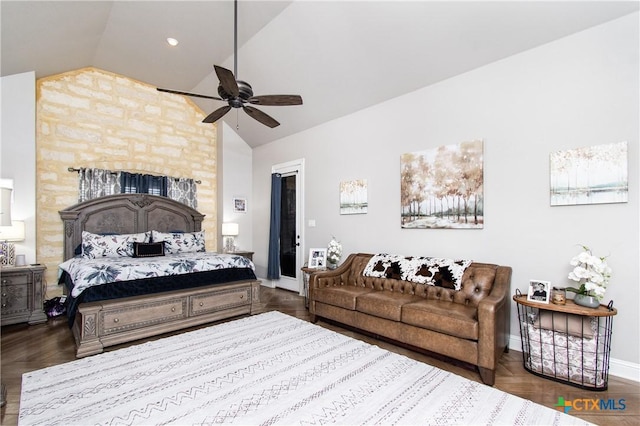 bedroom featuring ceiling fan and lofted ceiling