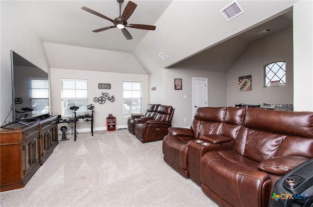 living room with light colored carpet, ceiling fan, and lofted ceiling