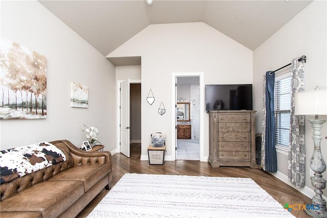 living room with dark hardwood / wood-style flooring and lofted ceiling