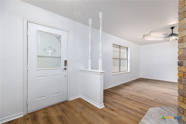 entryway featuring hardwood / wood-style floors and ceiling fan