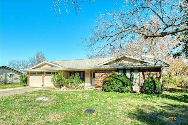 ranch-style home with a garage and a front yard