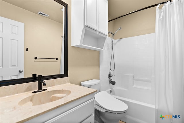 full bathroom with toilet, shower / bath combo, and vanity