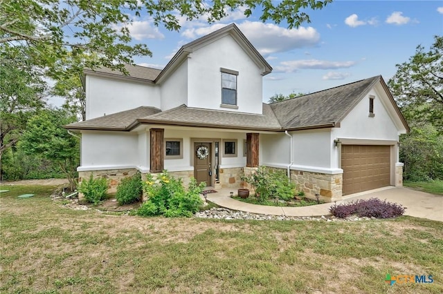 14424 Tuscola Cir, Austin, TX 78734 - view of front facade featuring a garage, stucco siding, stone siding, roof with shingles, and concrete driveway