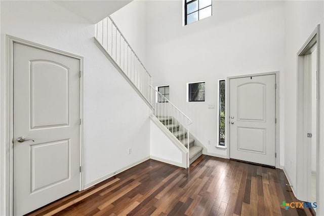 14424 Tuscola Cir, Austin, TX 78734 - foyer entrance with stairway, a high ceiling, and dark wood finished floors