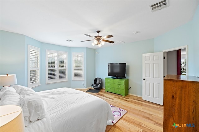 bedroom featuring light wood-type flooring and ceiling fan