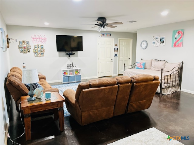 living room featuring ceiling fan