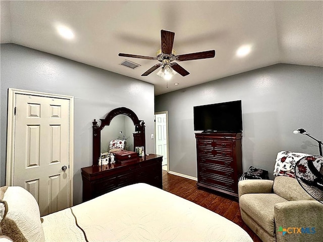 bedroom featuring ceiling fan, recessed lighting, dark wood-style flooring, visible vents, and vaulted ceiling