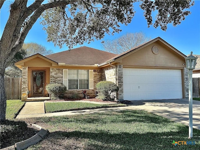 single story home featuring a garage, concrete driveway, roof with shingles, fence, and brick siding