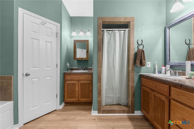 bathroom with walk in shower, hardwood / wood-style floors, and vanity