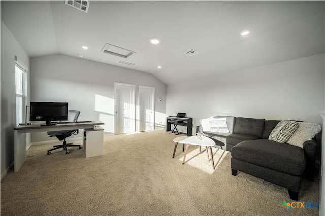 630 Golden Grove Pkwy, San Marcos, TX 78666 - carpeted living area with visible vents and vaulted ceiling