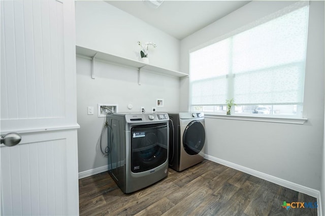 630 Golden Grove Pkwy, San Marcos, TX 78666 - laundry room featuring baseboards, separate washer and dryer, dark wood-style floors, and laundry area
