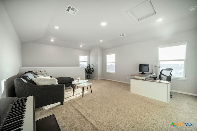 630 Golden Grove Pkwy, San Marcos, TX 78666 - home office featuring visible vents, lofted ceiling, light colored carpet, and attic access