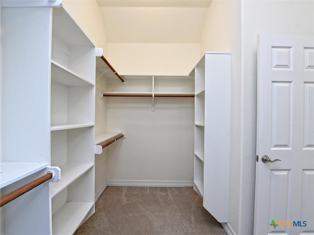 walk in closet featuring light colored carpet