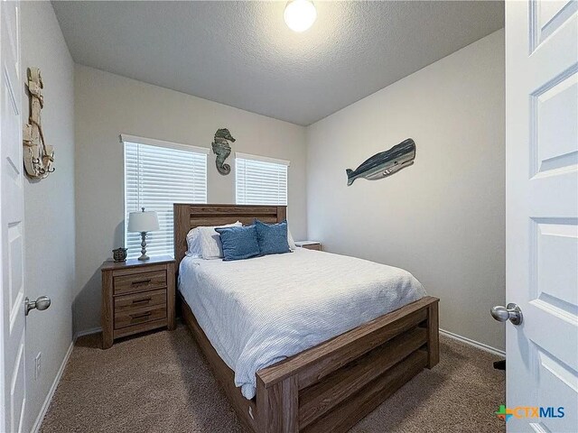 carpeted bedroom with a textured ceiling