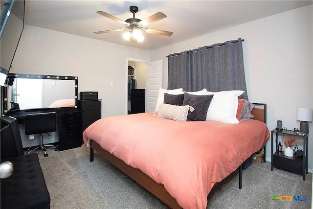 carpeted bedroom with ceiling fan and a spacious closet