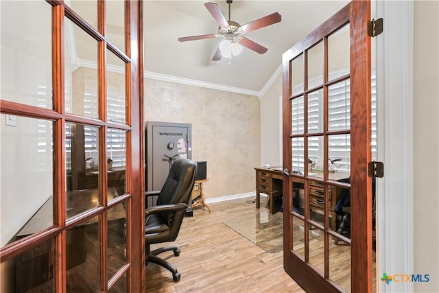 home office with ceiling fan, french doors, crown molding, and light hardwood / wood-style floors