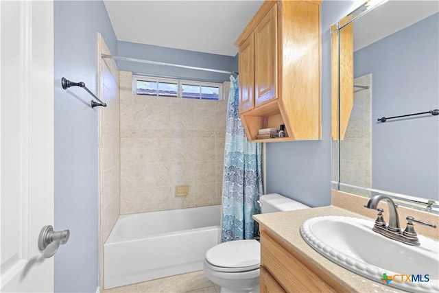 full bathroom with toilet, vanity, and shower / bath combination with curtain