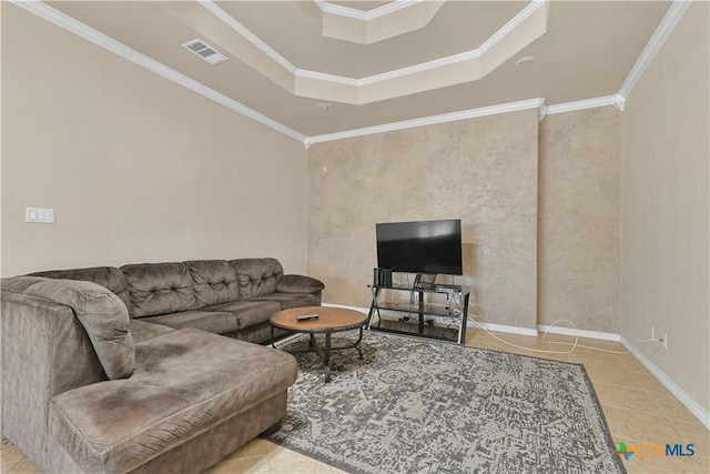 living room featuring light tile patterned floors, ornamental molding, and a raised ceiling