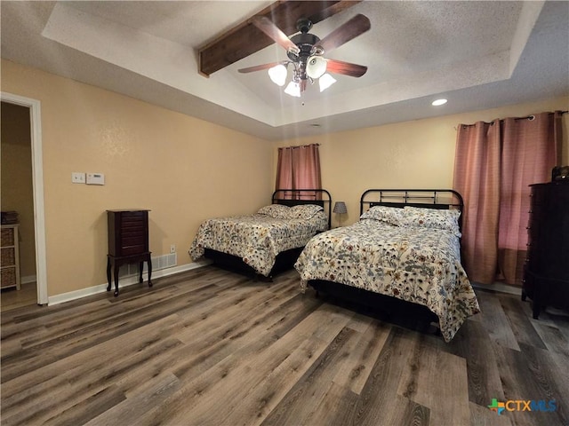 bedroom with a ceiling fan, wood finished floors, baseboards, lofted ceiling with beams, and recessed lighting