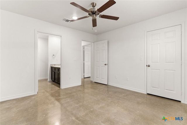 unfurnished bedroom with ensuite bathroom and ceiling fan