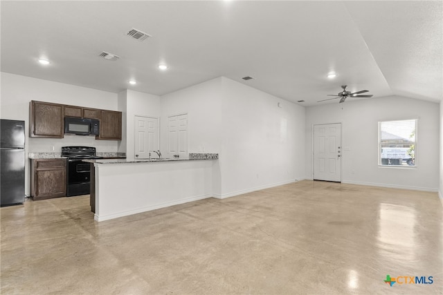 kitchen featuring dark brown cabinetry, ceiling fan, black appliances, and lofted ceiling