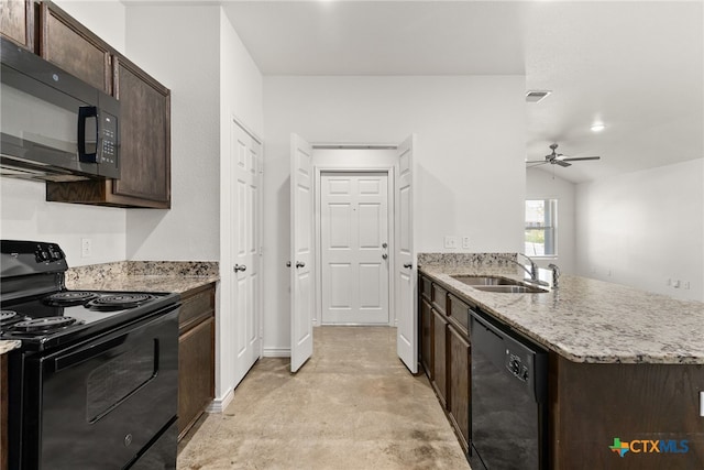 kitchen featuring black appliances, light stone countertops, sink, lofted ceiling, and ceiling fan