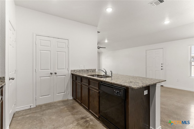 kitchen with black dishwasher, kitchen peninsula, sink, and dark brown cabinets