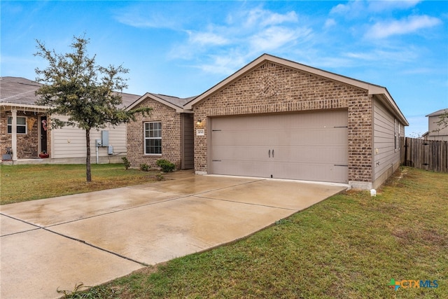 single story home with a garage and a front yard