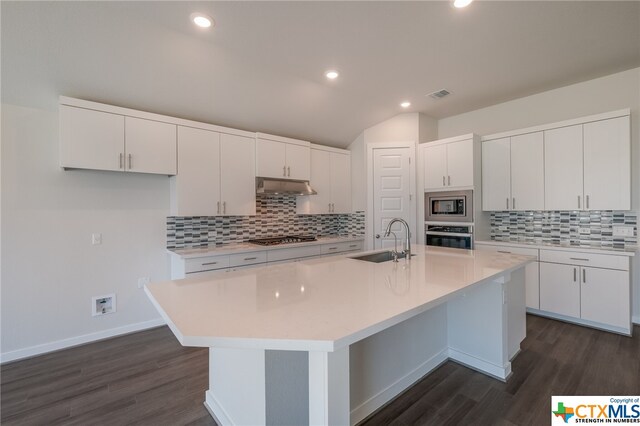 kitchen featuring appliances with stainless steel finishes, sink, an island with sink, and white cabinets