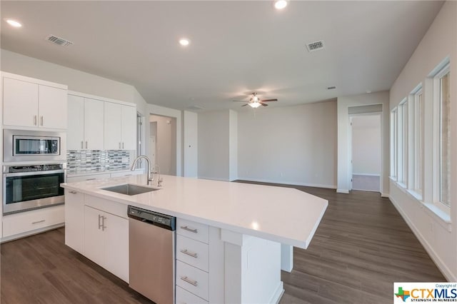 2258 Hoja Ave, New Braunfels, TX 78132 - kitchen featuring appliances with stainless steel finishes, a sink, ceiling fan, light countertops, and decorative backsplash
