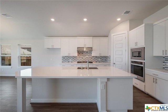 2258 Hoja Ave, New Braunfels, TX 78132 - kitchen with appliances with stainless steel finishes, under cabinet range hood, tasteful backsplash, light countertops, and white cabinets