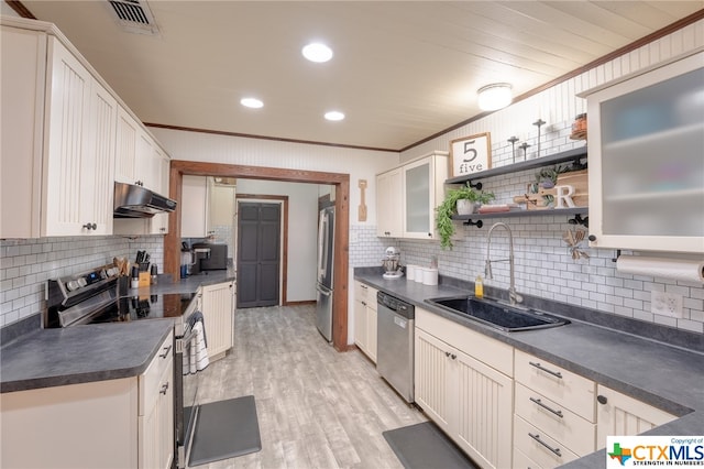 kitchen with crown molding, sink, light wood-type flooring, appliances with stainless steel finishes, and tasteful backsplash