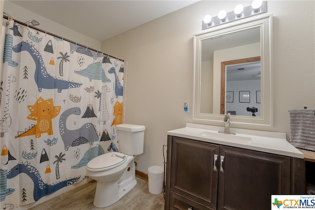 bathroom featuring vanity, hardwood / wood-style flooring, toilet, and curtained shower