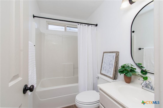 full bathroom with toilet, shower / bath combo, and vanity