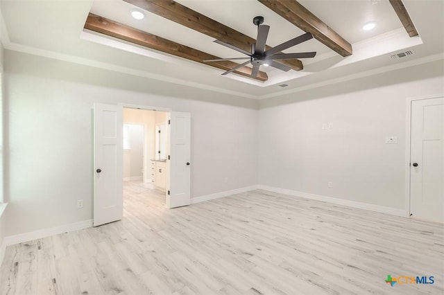 spare room with beamed ceiling, ceiling fan, light wood finished floors, visible vents, and crown molding