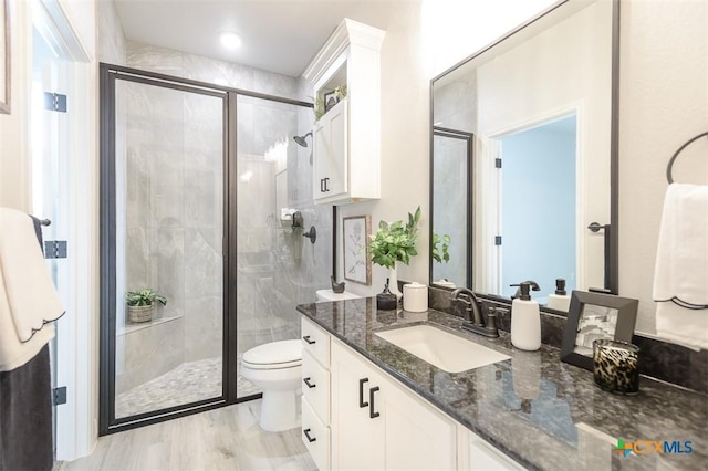 bathroom featuring toilet, a shower stall, and vanity