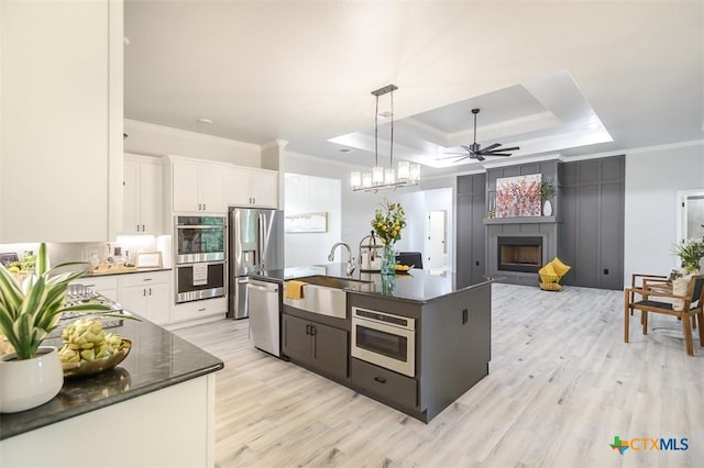 kitchen with a sink, a raised ceiling, a ceiling fan, dark countertops, and appliances with stainless steel finishes