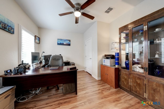 office area featuring light wood-type flooring and ceiling fan